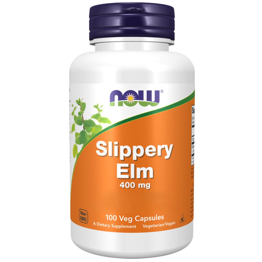 Flacon blanc, bouchon bleu. Inscription: Slippery Elm 400 mg, 100 Veg Capsules. Marque: NOW.