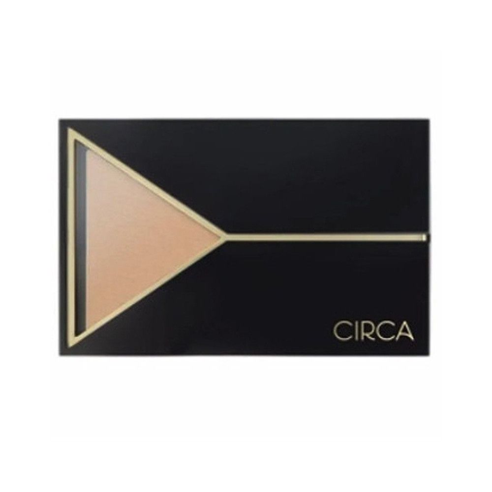Palette de maquillage noire avec un design géométrique doré et le mot "CIRCA". Contient une teinte brun clair.