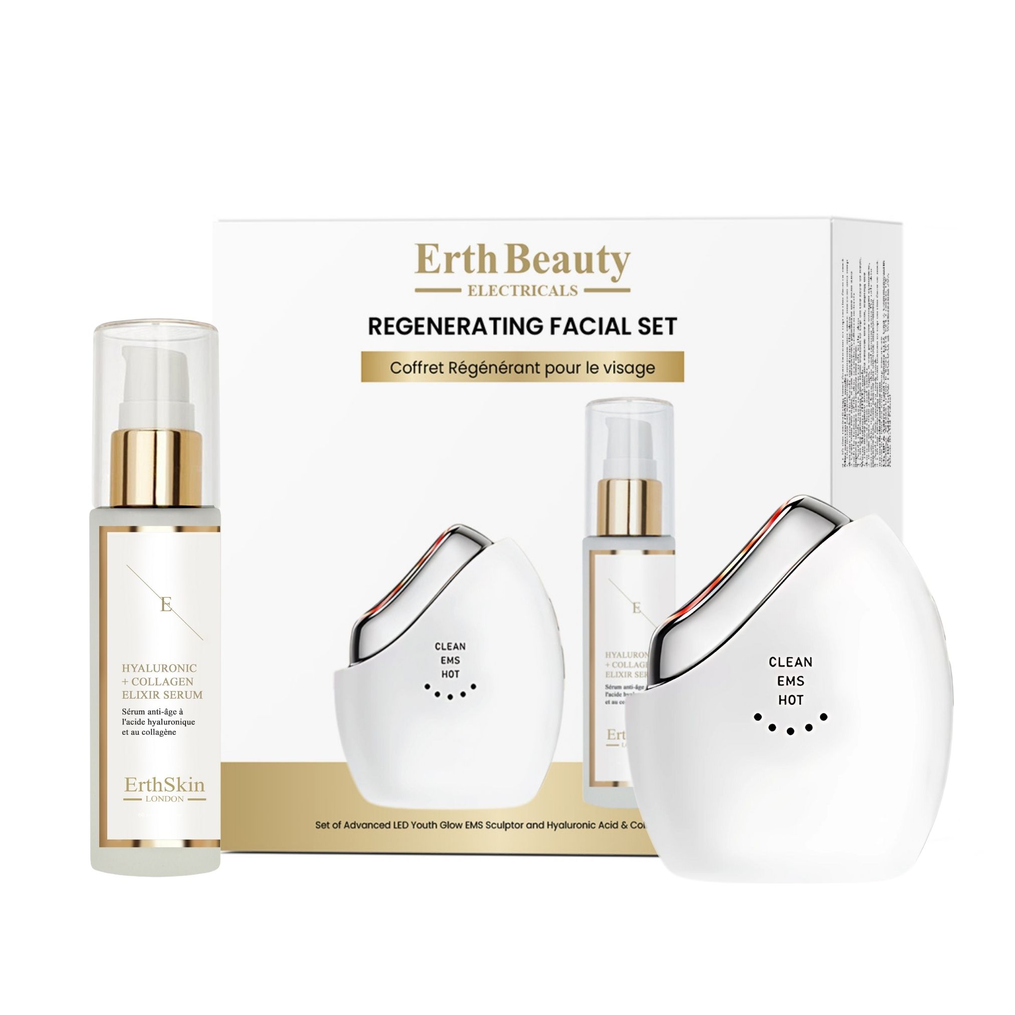 Coffret cadeau avec deux appareils et deux sérums. Inscription: Erth Beauty, Regenerating Facial Set, Coffret Régénérant pour le visage.