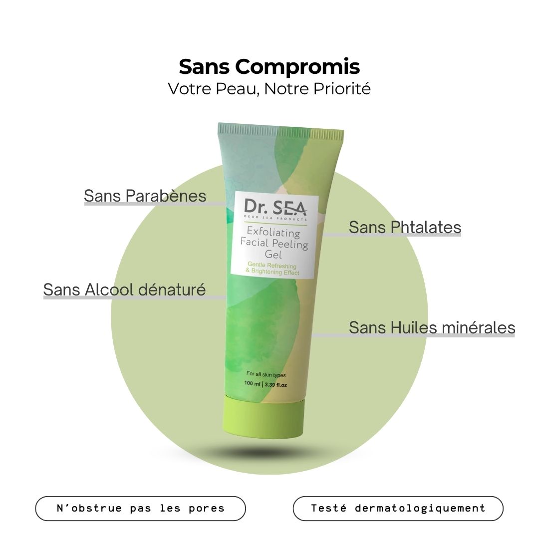 Tube de gel avec texte. Inscription : Dr. SEA, Exfoliant visage. Sans parabènes, etc.