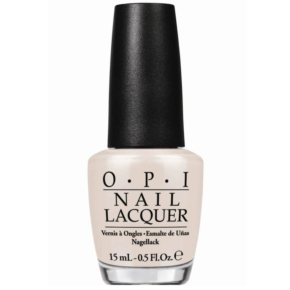 OPI nagellakflesje. Beige kleur, zwarte dop. Opschrift: Nail Lacquer.