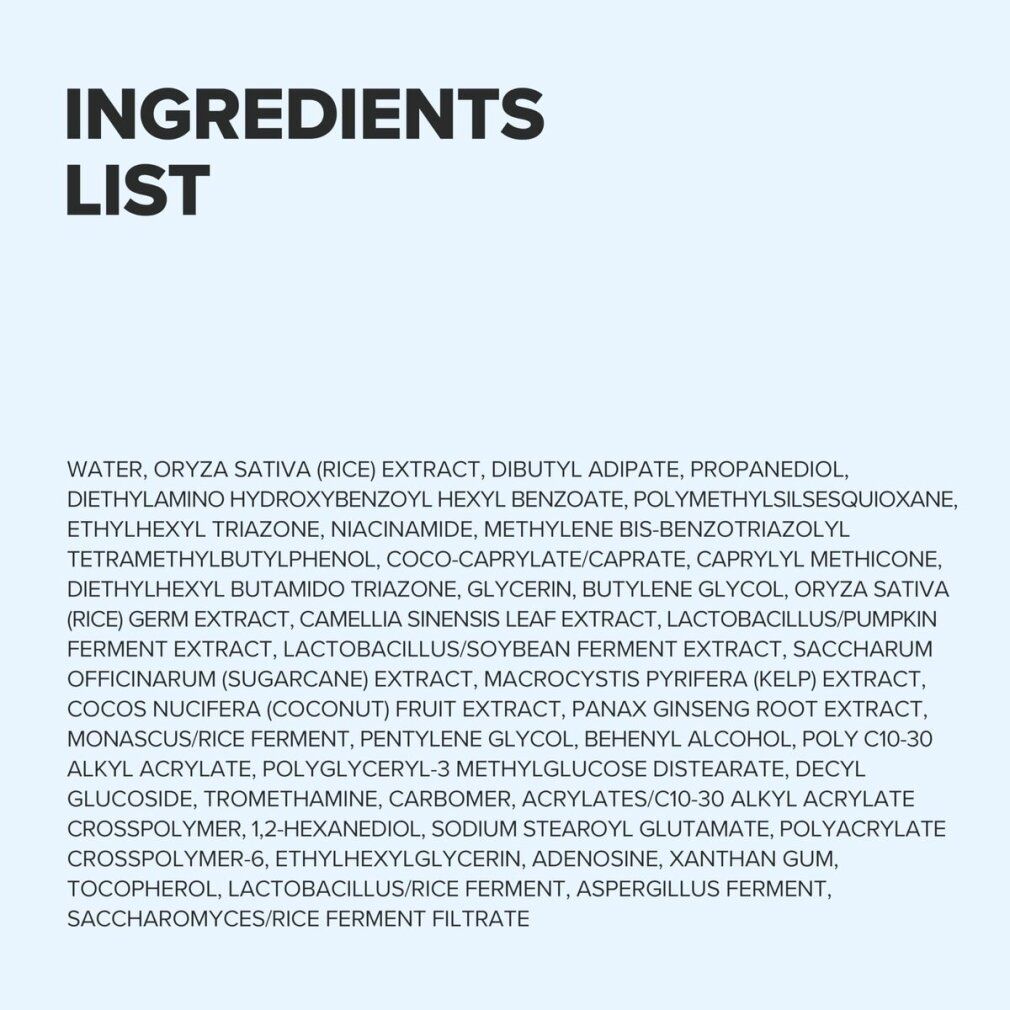 Ingrediëntenlijst. Bevat water, rijstextract, niacinamide, etc. Zwarte tekst op witte achtergrond.