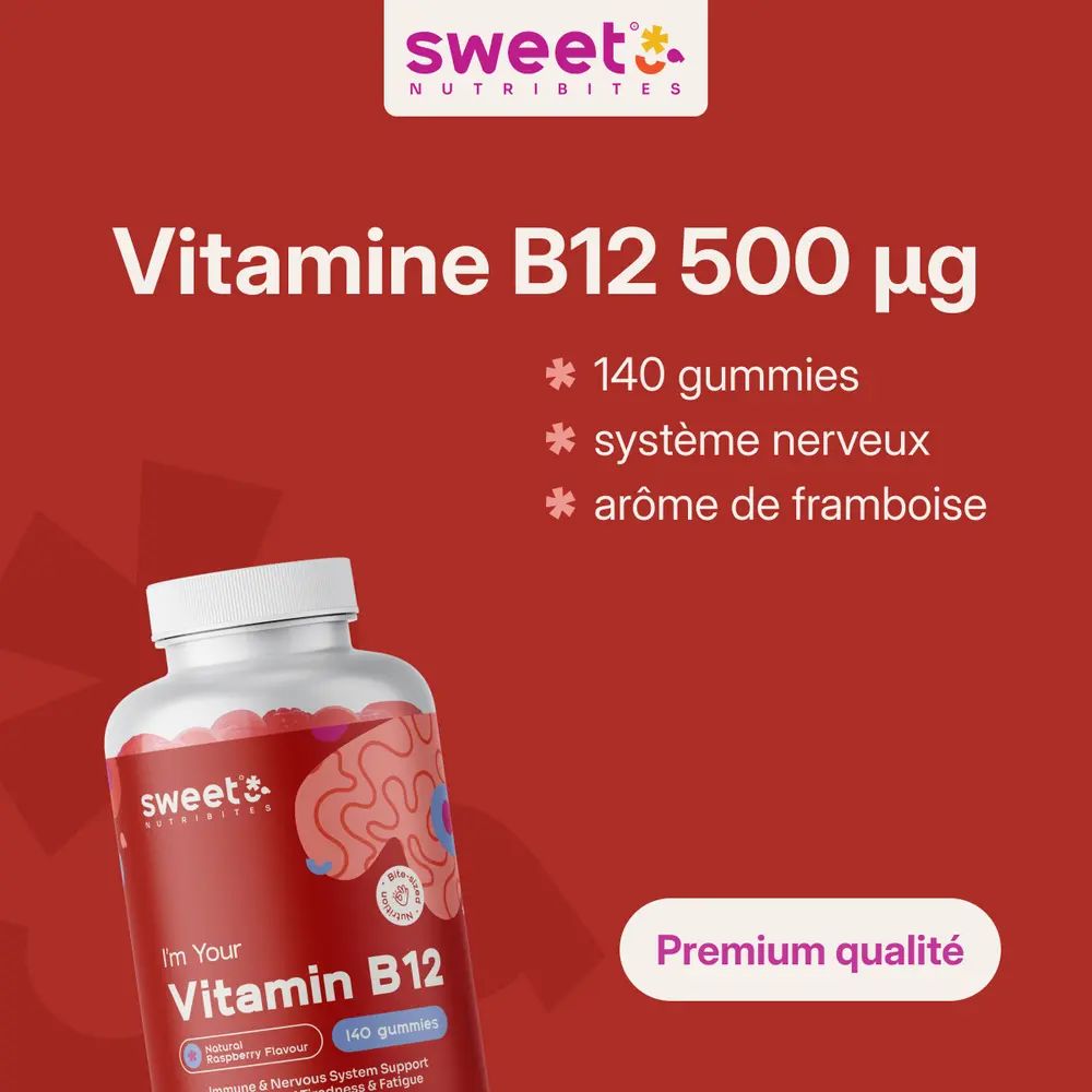 Vitamine B12 500 µg et 140 gommes. Système nerveux et arôme de framboise. Qualité premium.