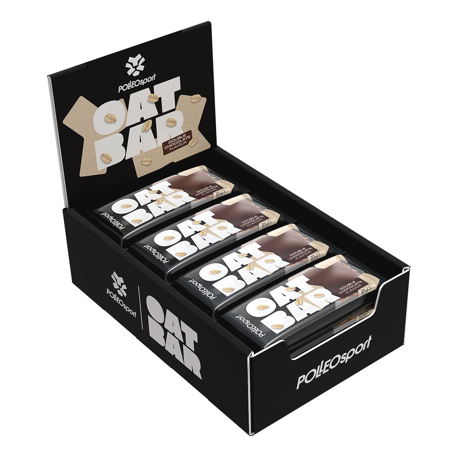 Boîte noire contenant des barres Polleo Oat Bar. Inscription Oat Bar et PolleoSport. Barres saveur chocolat.