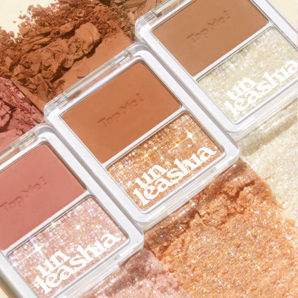 Drie UNLEASHIA Tap Me Palette Duo producten. Elk product heeft twee zones: een matte en een glitter.