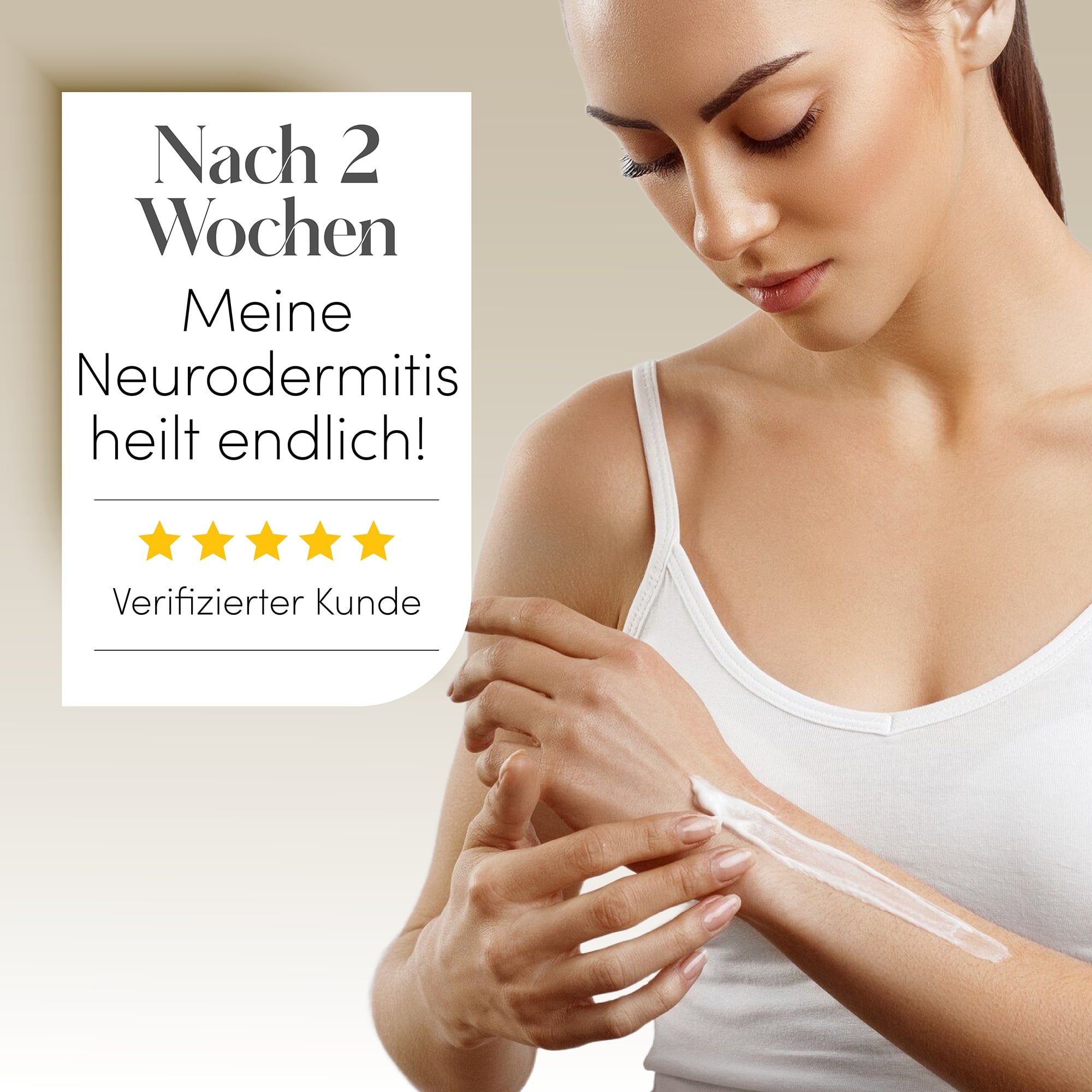 Vrouw smeert crème. Tekst: Na 2 weken geneest mijn eczeem eindelijk! Geverifieerde klant. 5 sterren.