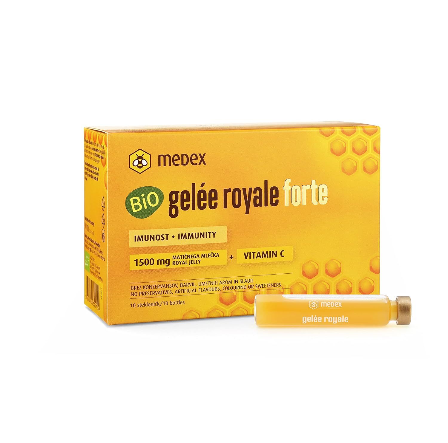 Boîte de Medex Bio Gelée Royale Forte. Boîte jaune avec ampoule de produit. Contient 1500 mg de gelée royale et vitamine C.