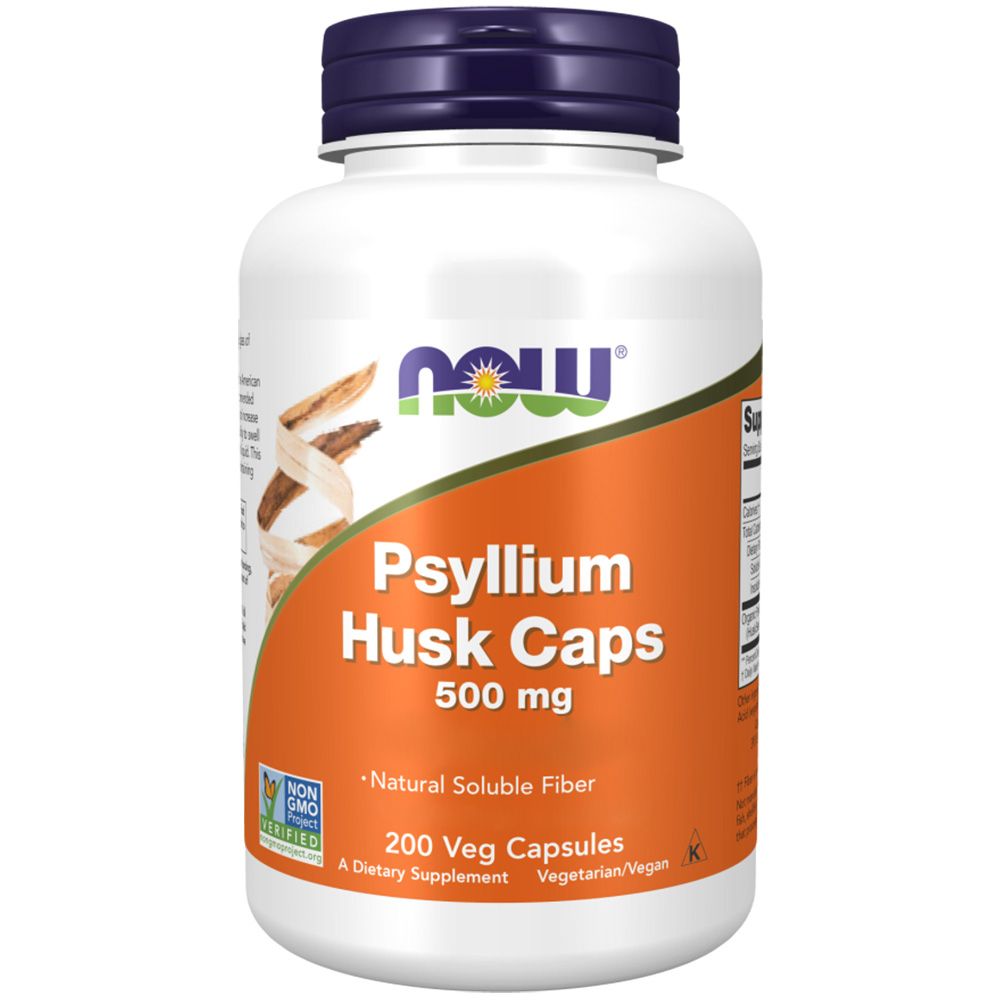 Witte fles met blauwe dop. Opschrift: NOW, Psyllium Husk Caps 500 mg. 200 Veg Capsules. Met zichtbare certificeringen.