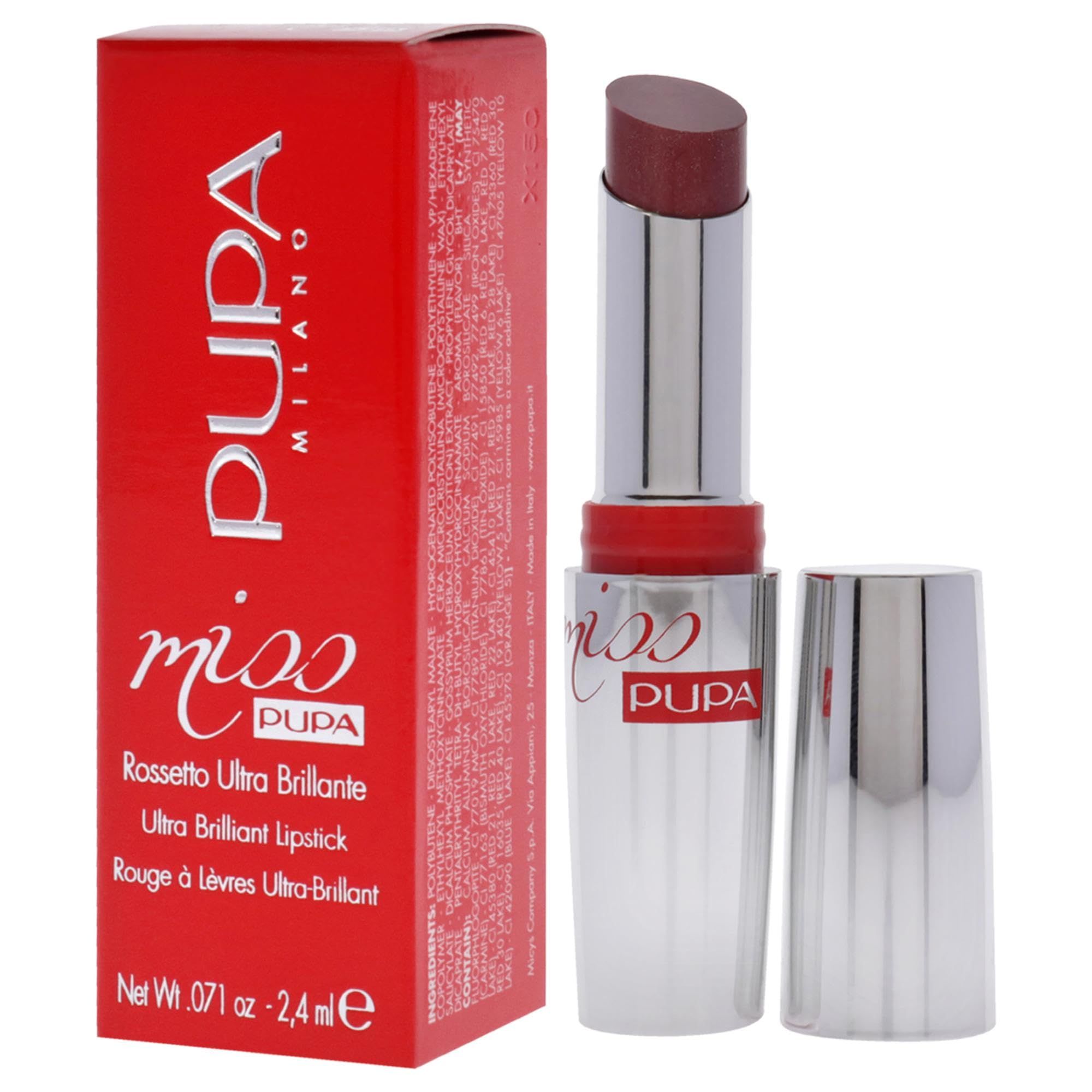 Pupa Rossetto Miss Pupa 603 avec emballage rouge. Rouge à lèvres argenté, ouvert. Rouge à lèvres bordeaux foncé.