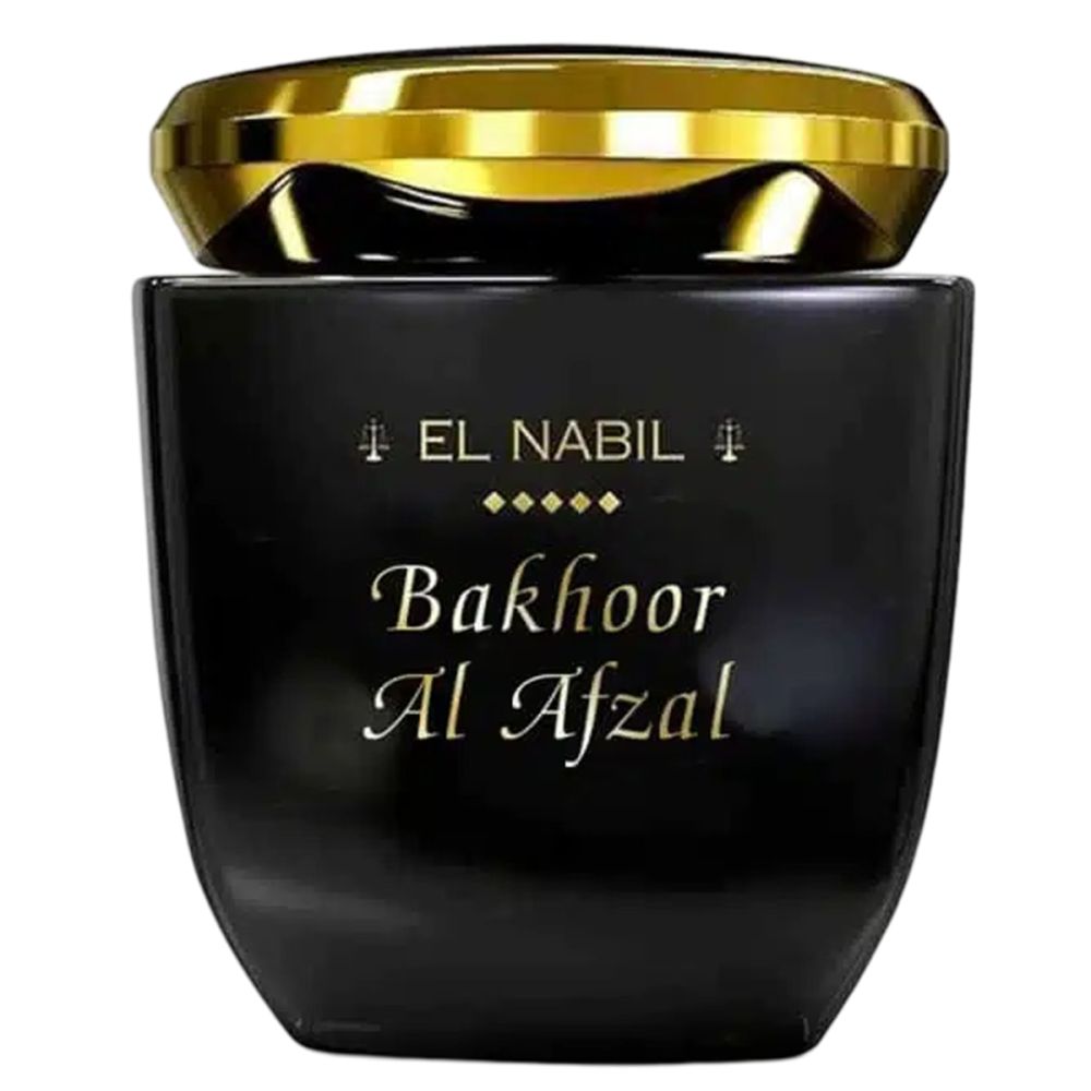 Zwarte pot met gouden deksel. Opschrift: EL NABIL, Bakhoor Al Afzal. Gouden tekst op zwarte achtergrond.
