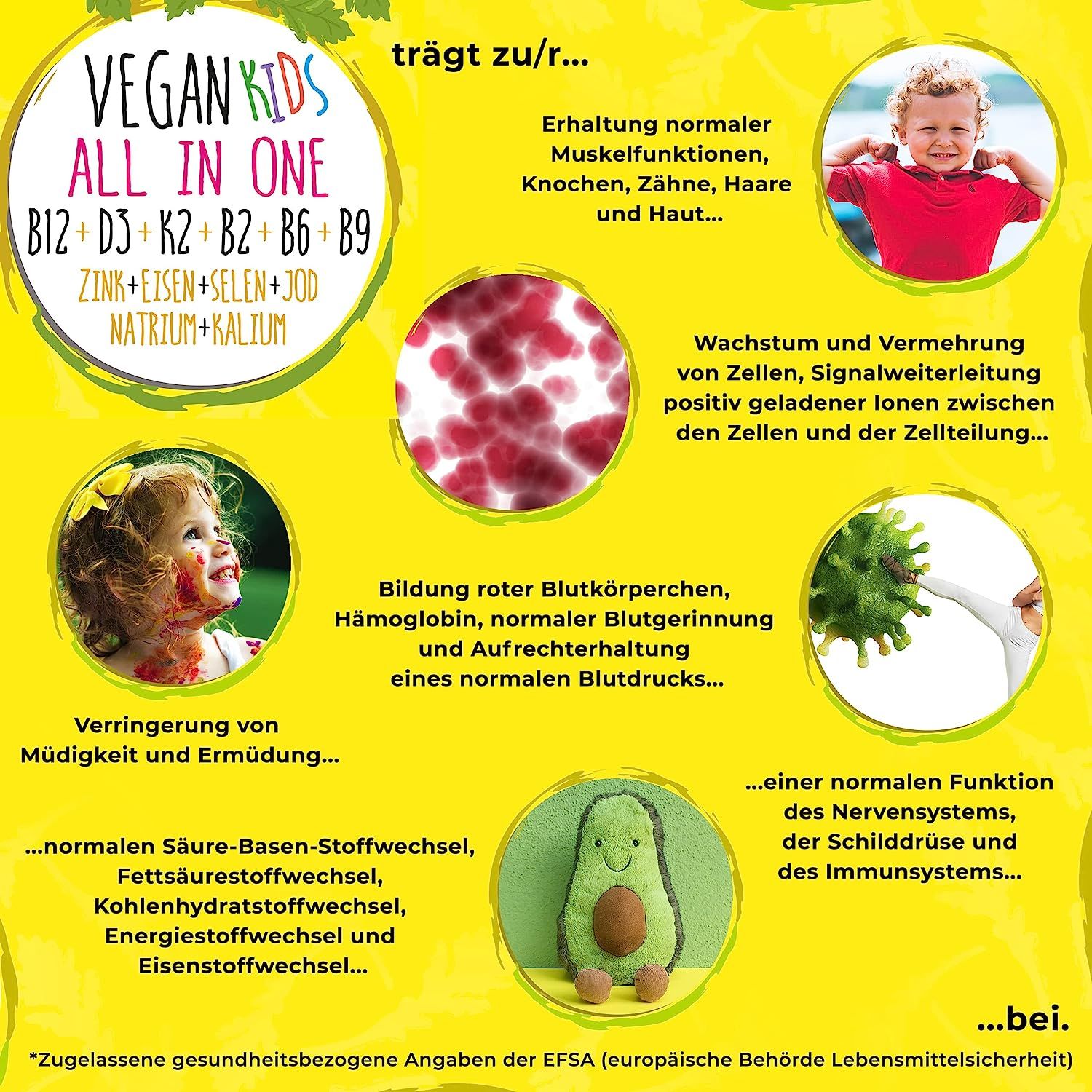 Fond jaune avec illustrations. Texte : Vegan Kids All In One. Contribue au maintien des fonctions normales. Enfant avec bouche rouge.