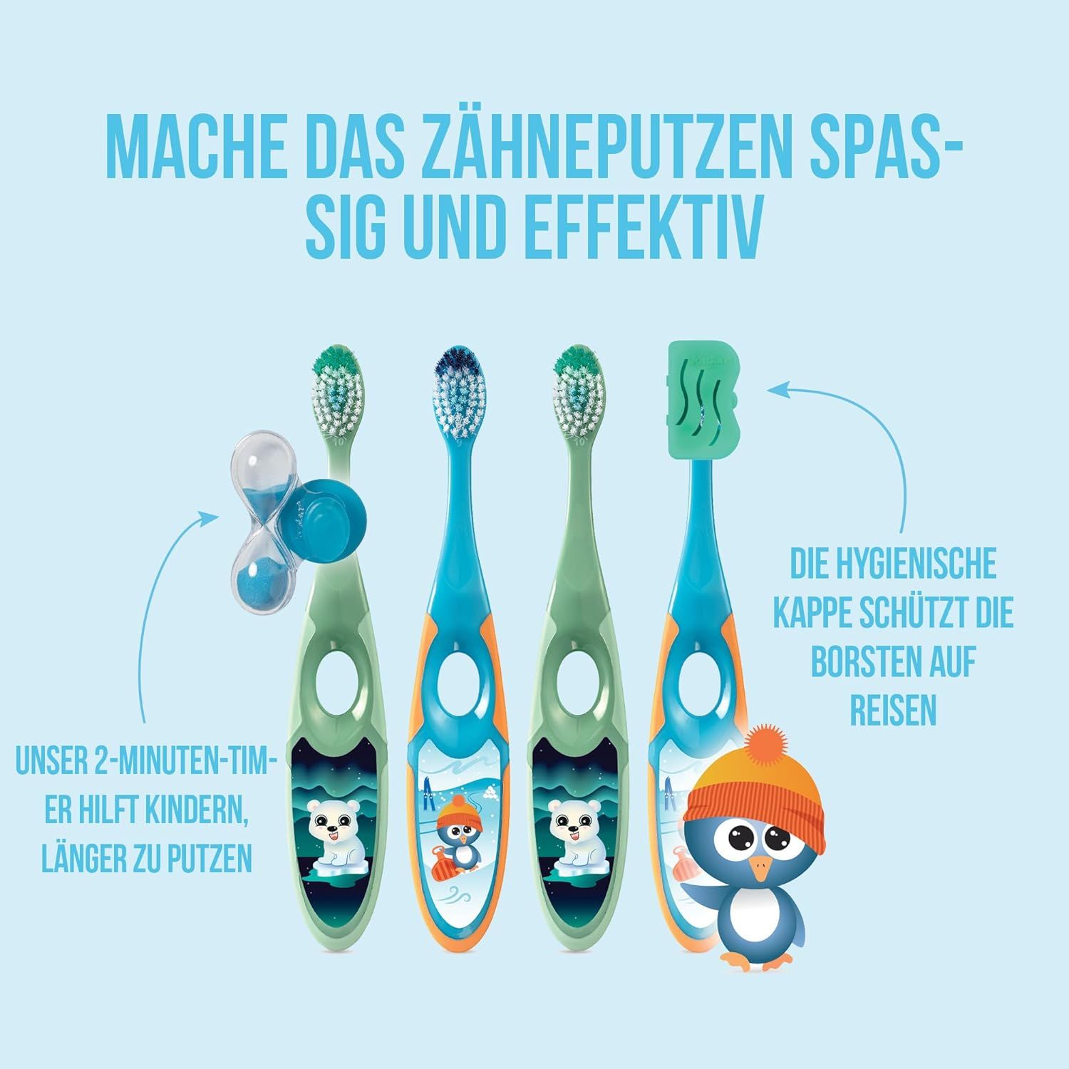 Brosses à dents et accessoires. Quatre brosses à dents, une avec capuchon de protection, un minuteur sablier. Illustrations d'ours polaires et de pingouins.