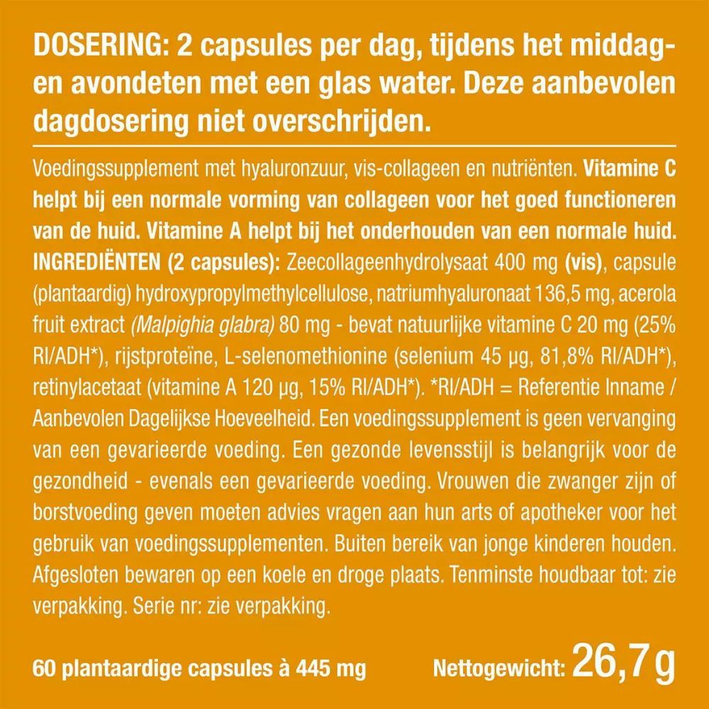 Tekst met gebruiksaanwijzingen en ingrediënten. 60 plantaardige capsules. Nettogewicht: 26,7 g.