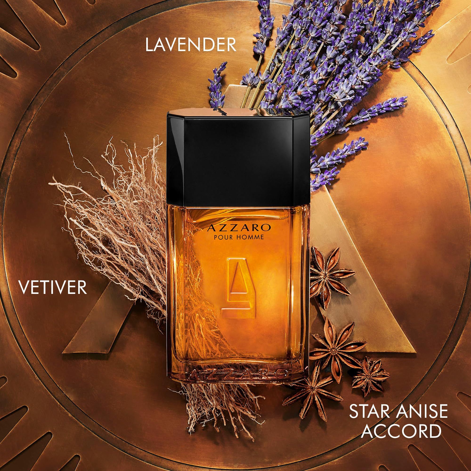 Flacon Azzaro Pour Homme Eau de Toilette avec lavande, vétiver et anis étoilé.