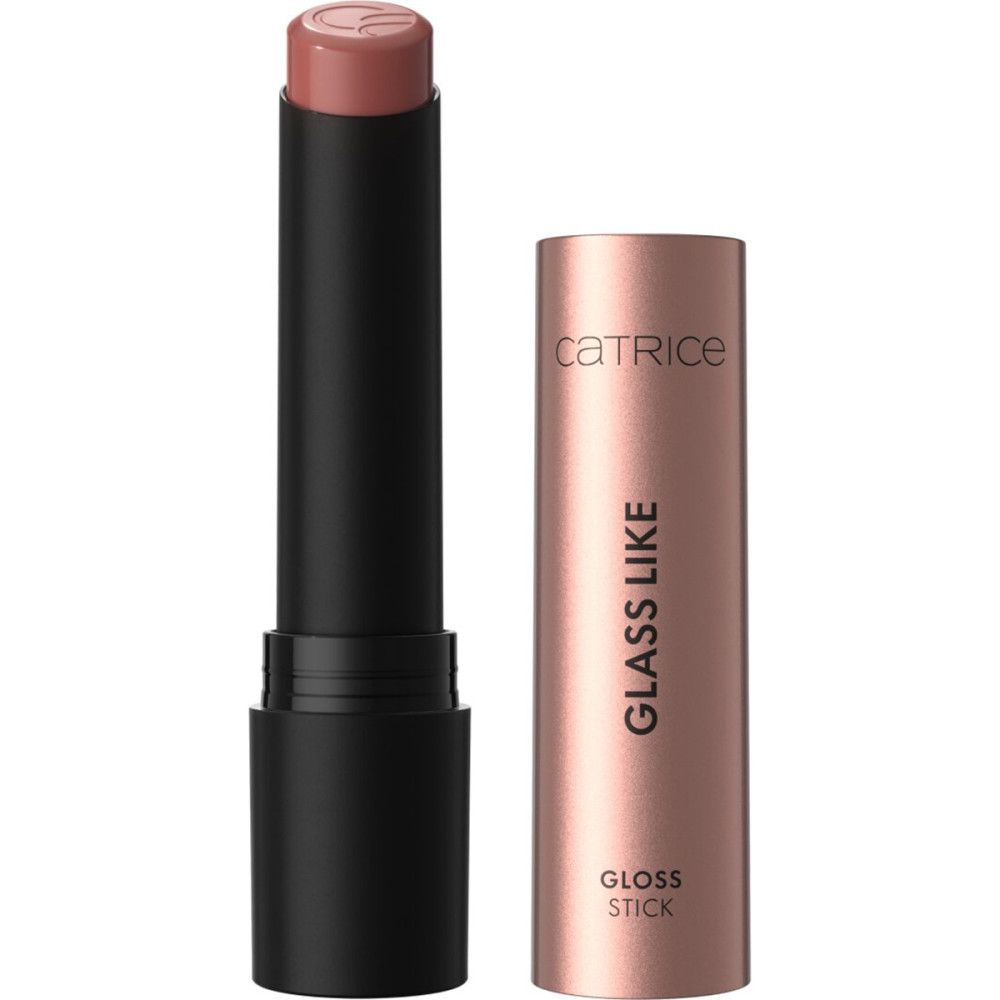Roze lipstick en losse huls. Opschrift: CATRICE, GLASS LIKE, GLOSS STICK.