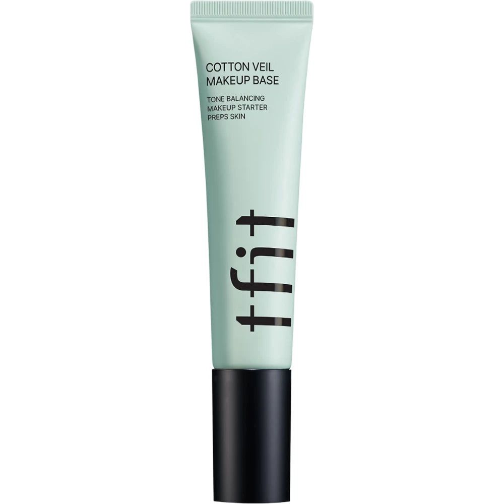 TFIT Cotton Veil Makeup Base tube. Groen, met zwarte dop. Tekst: Tone Balancing Makeup Starter Preps Skin.