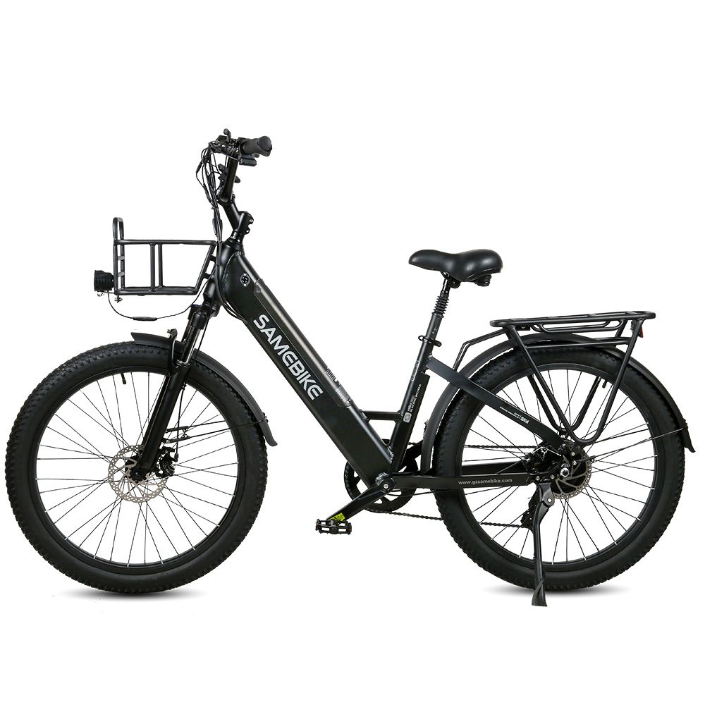 Vélo électrique noir Samebike avec panier, porte-bagages, garde-boue et pneus larges. Marque Samebike.
