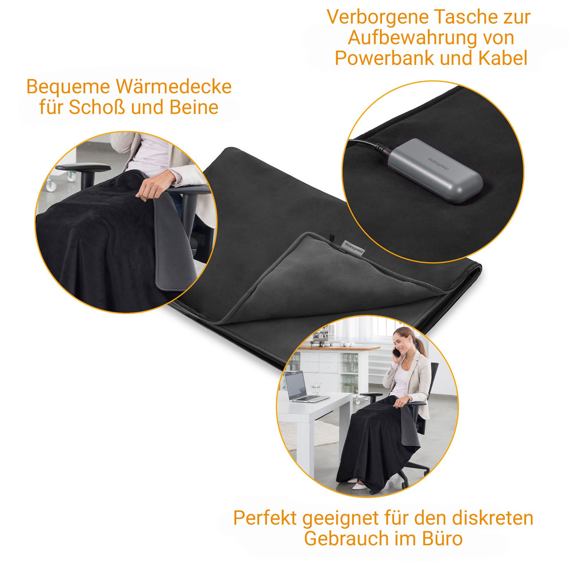 Zwarte verwarmingsdeken met geïntegreerd bedieningspaneel en verborgen vak voor powerbank.