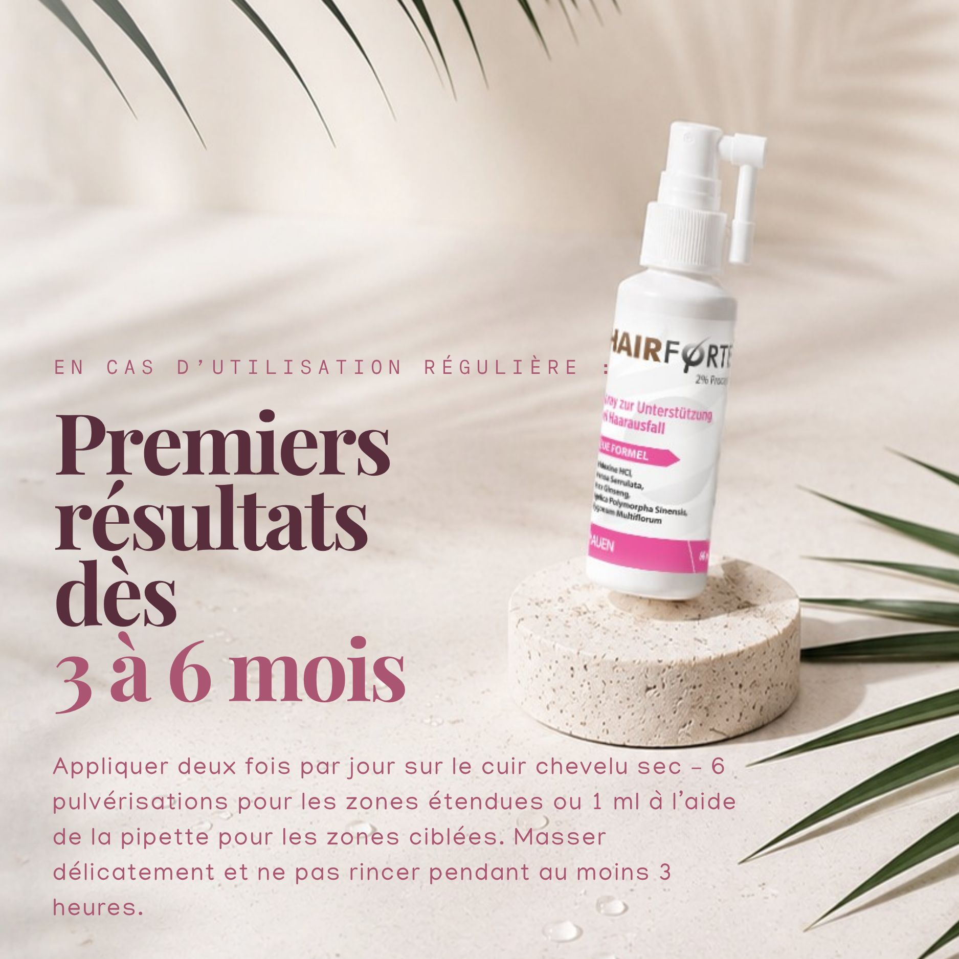 Spray Hairforte 2% Procapil sur socle en pierre avec feuilles de palmier.