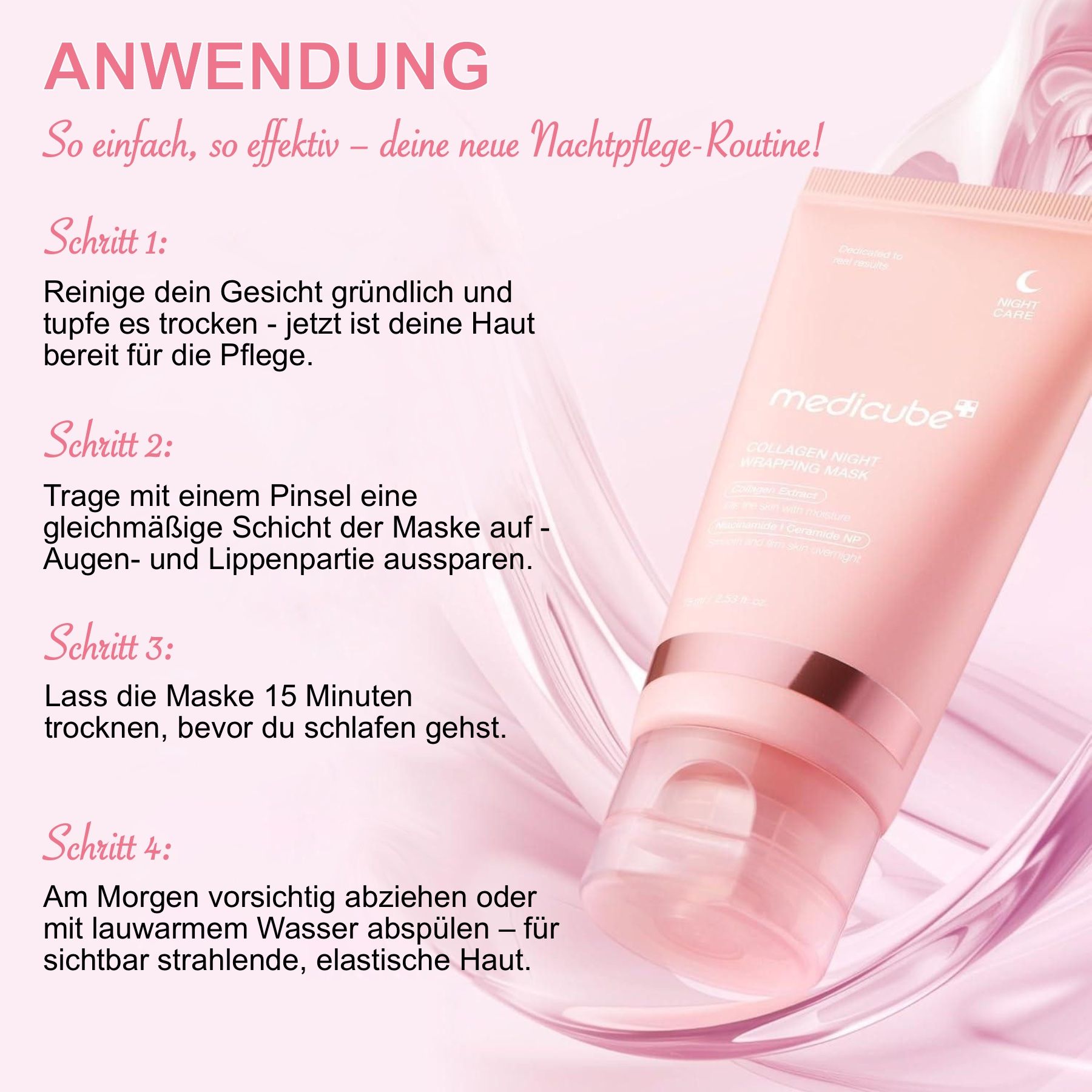 Toepassingsstappen van de Medicube Collagen Night Wrapping Mask. Stappen 1-4. Afgebeeld: tube, penseel. Tekst: reinigen, aanbrengen, laten drogen, verwijderen.