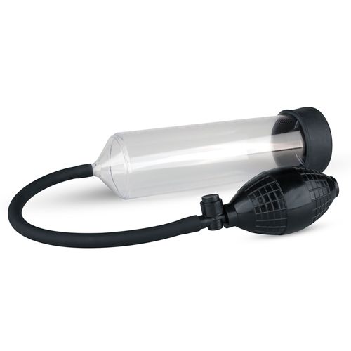 Pompe cylindrique transparente avec base et tuyau noirs. Pompe manuelle avec surface striée.
