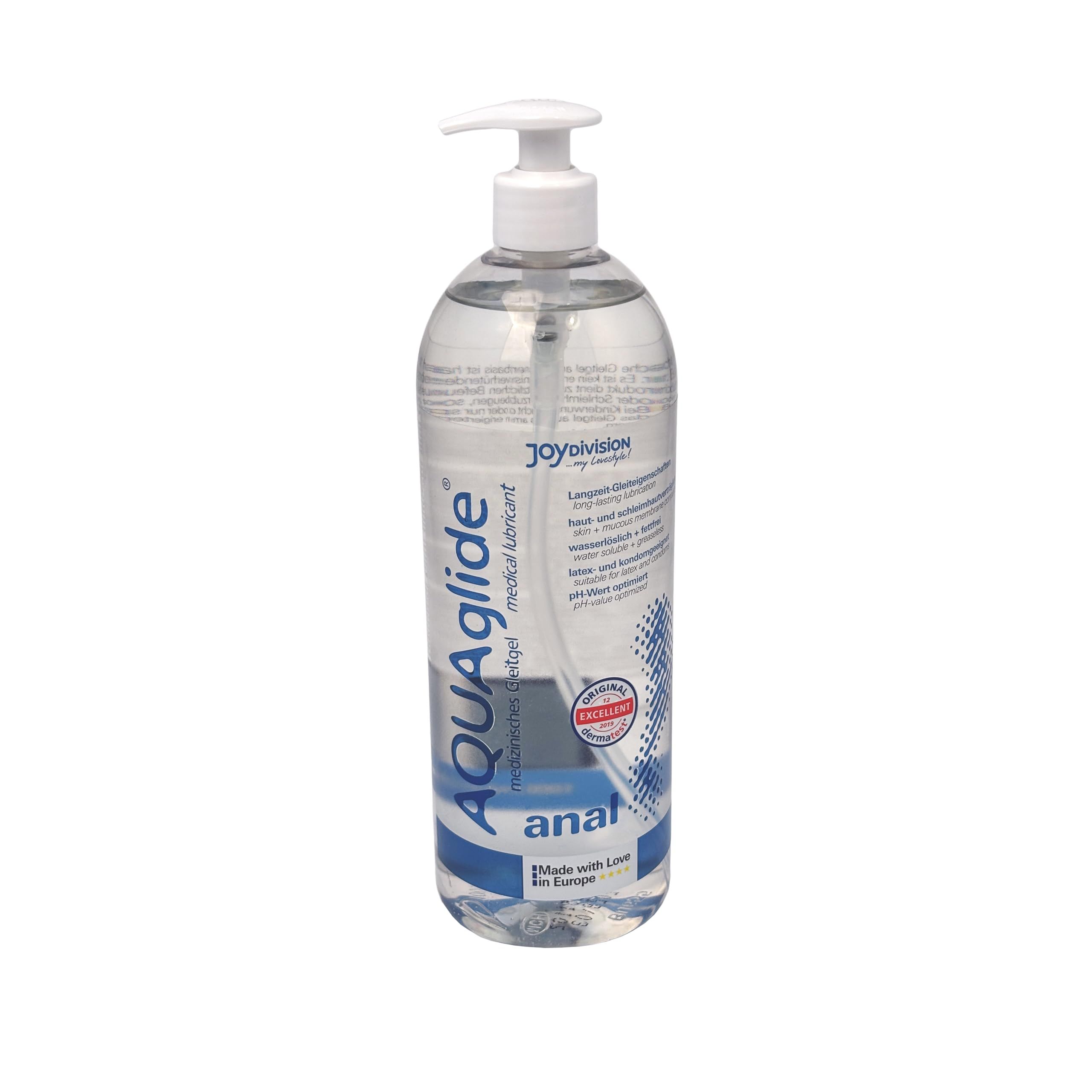 AQUAglilde Anale glijmiddel in doorzichtige fles met pompdosering.