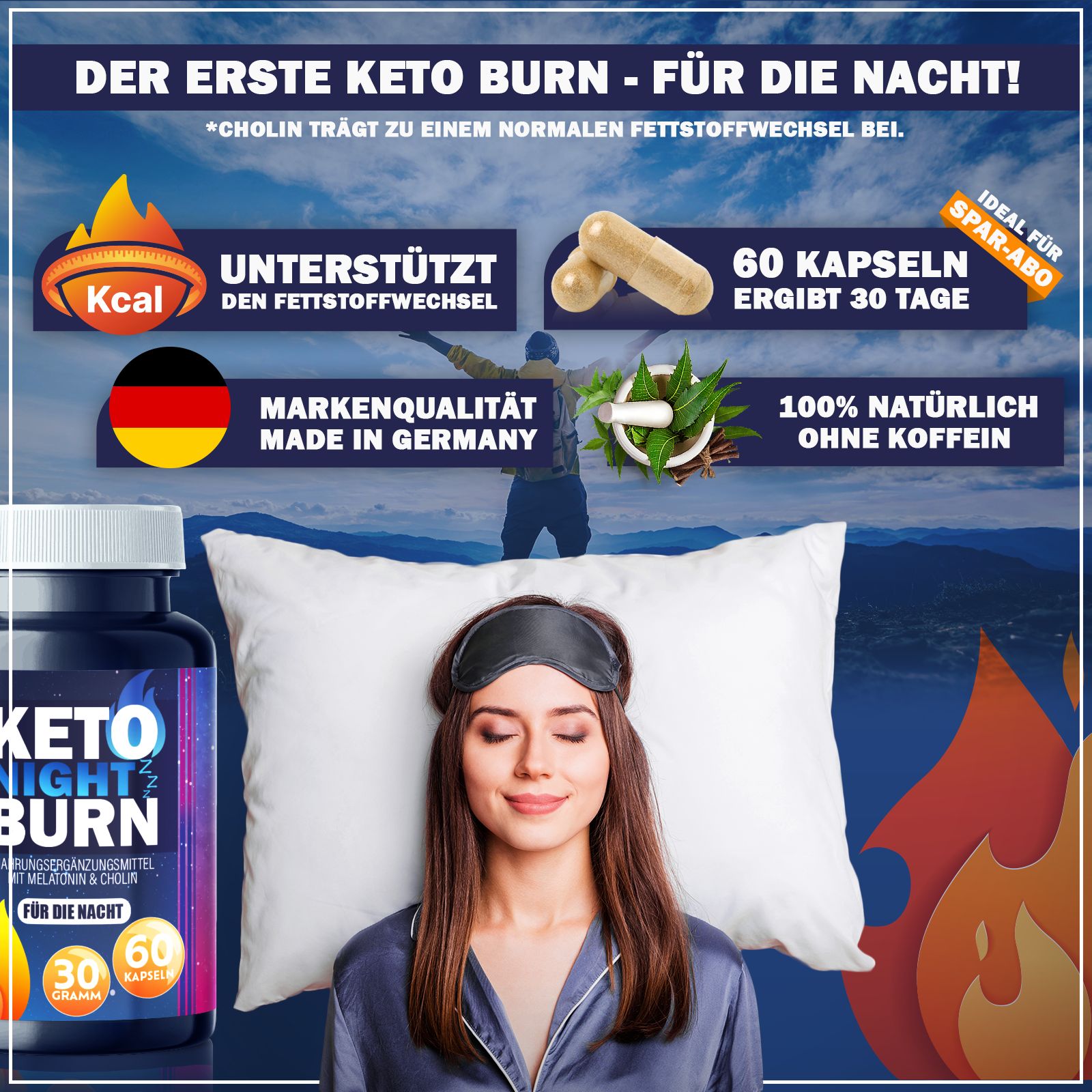 Image publicitaire. Bouteille KETO NIGHT BURN, gélules, oreiller, femme avec masque de sommeil. Texte : Le premier Keto Burn - pour la nuit !