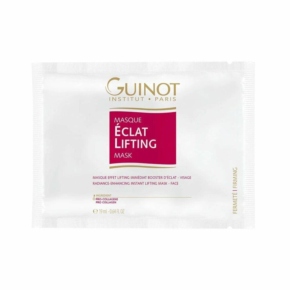 Masque Eclat Lifting Guinot. Sachet blanc avec rectangle rouge et informations produit. Texte: Lift Firming. E19ml. Pro-Collagen. Fermeté & Firming.