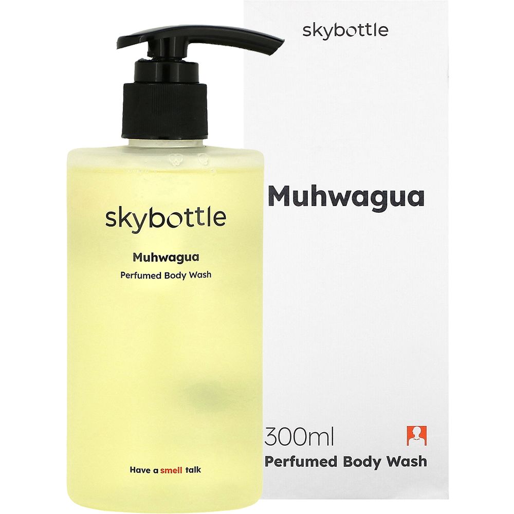 Een fles en een doos. Opschrift: skybottle, Muhwagua, Perfumed Body Wash, 300ml. Gele vloeistof.