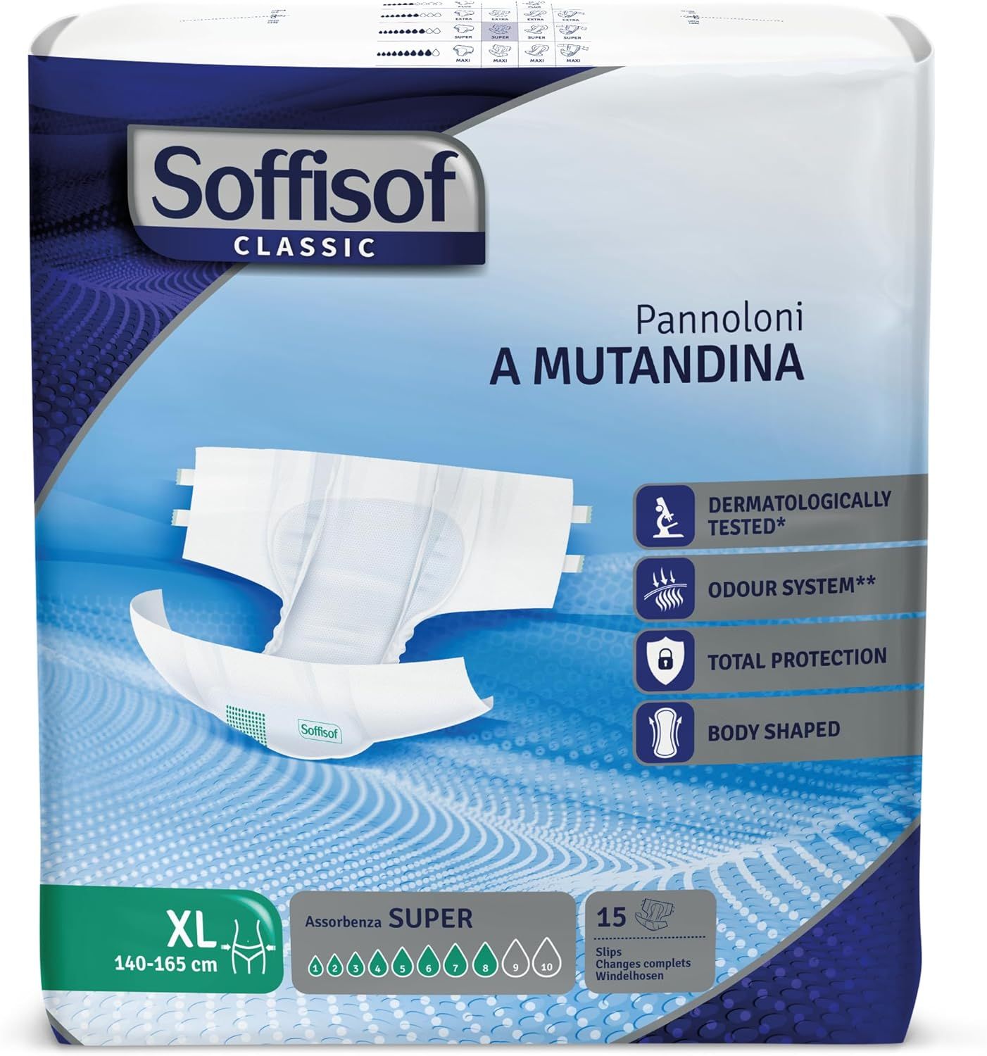 Paquet de couches Soffisof Classic pour adultes Super, XL, 15 pièces. Testé dermatologiquement, système anti-odeurs.