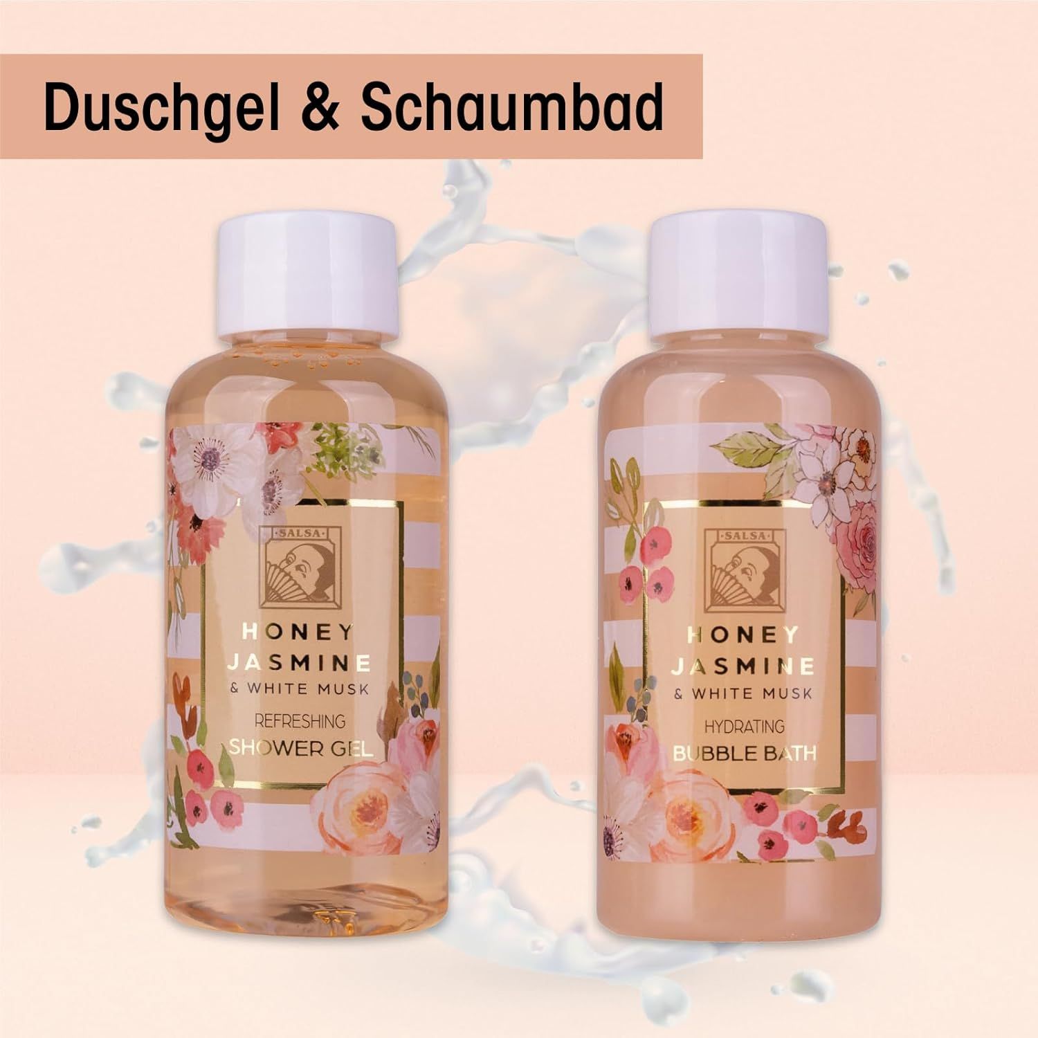 Twee flessen douchegel en badschuim. Opschrift: HONEY JASMINE & WHITE MUSK. Producten met bloemmotief en witte doppen.