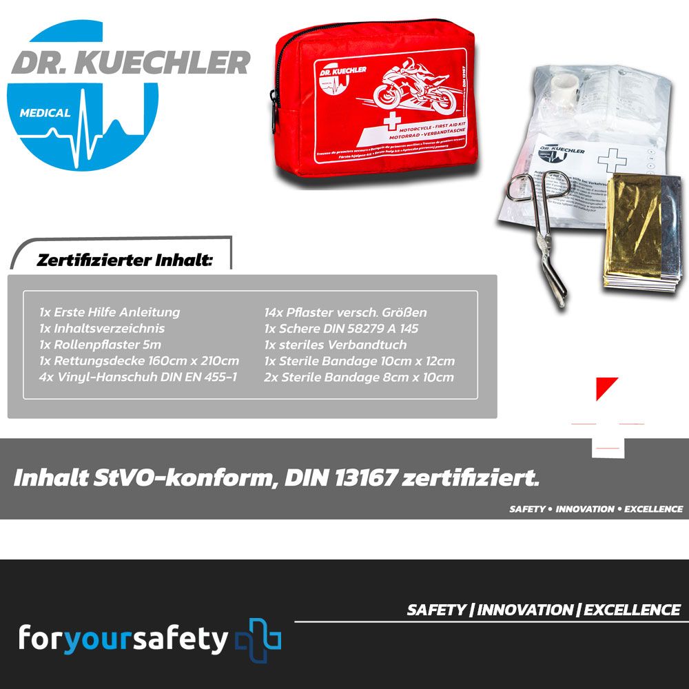 Rode motor EHBO-kit. Inhoud: verband, schaar, reddingsdeken, pleisters, etc. DIN 13167 gecertificeerd. Dr. Kuechler Medical logo. Voldoet aan de verkeersregels.