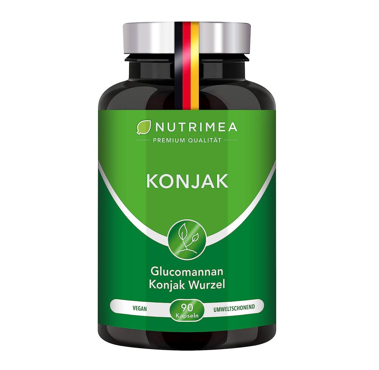 Zwarte fles met groen etiket. Opschrift: KONJAK, Glucomannan Konjak Wurzel, 90 capsules. Bruine capsules.