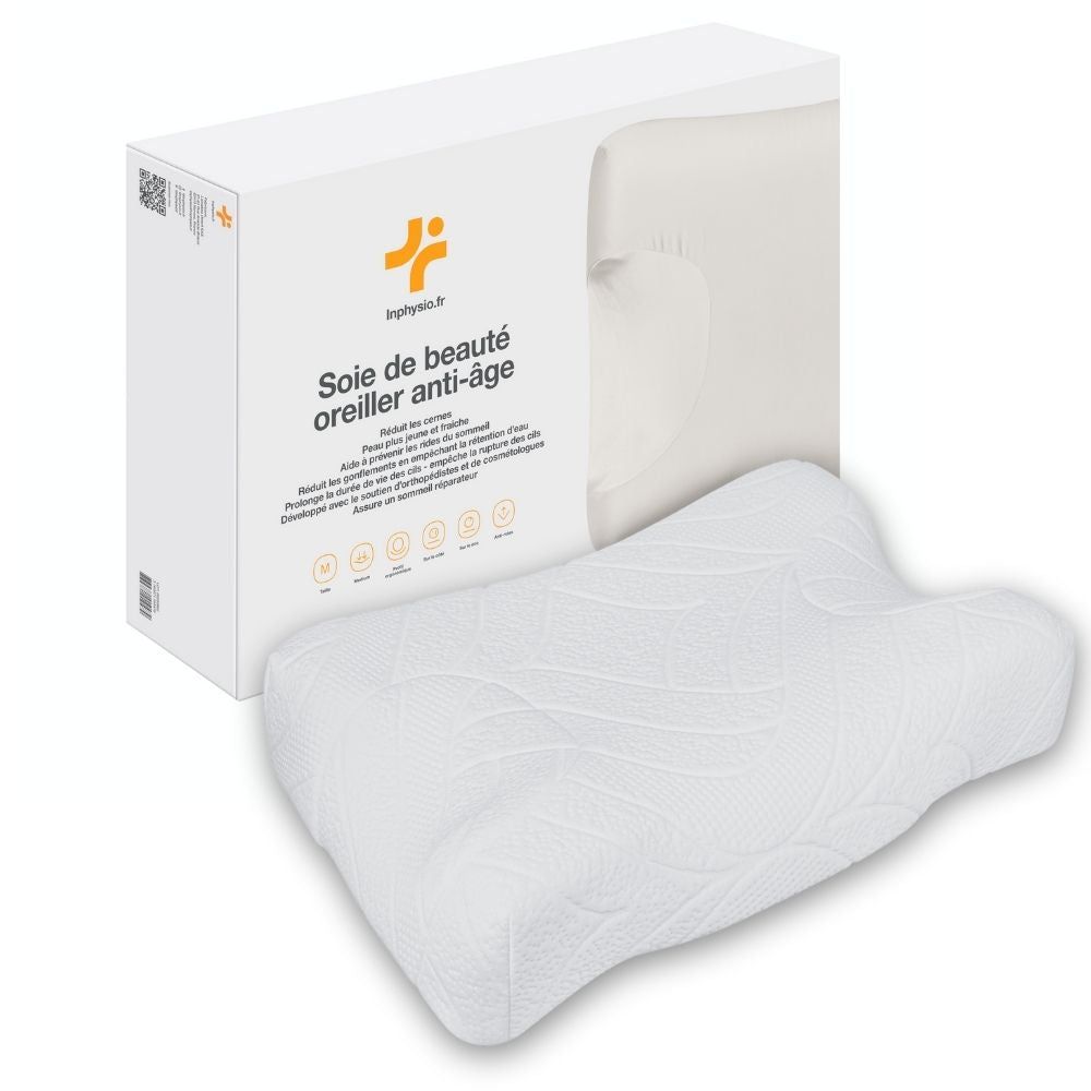 Oreiller blanc avec emballage. Texte: Soie de beauté, oreiller anti-âge. Logo: Inphysio.