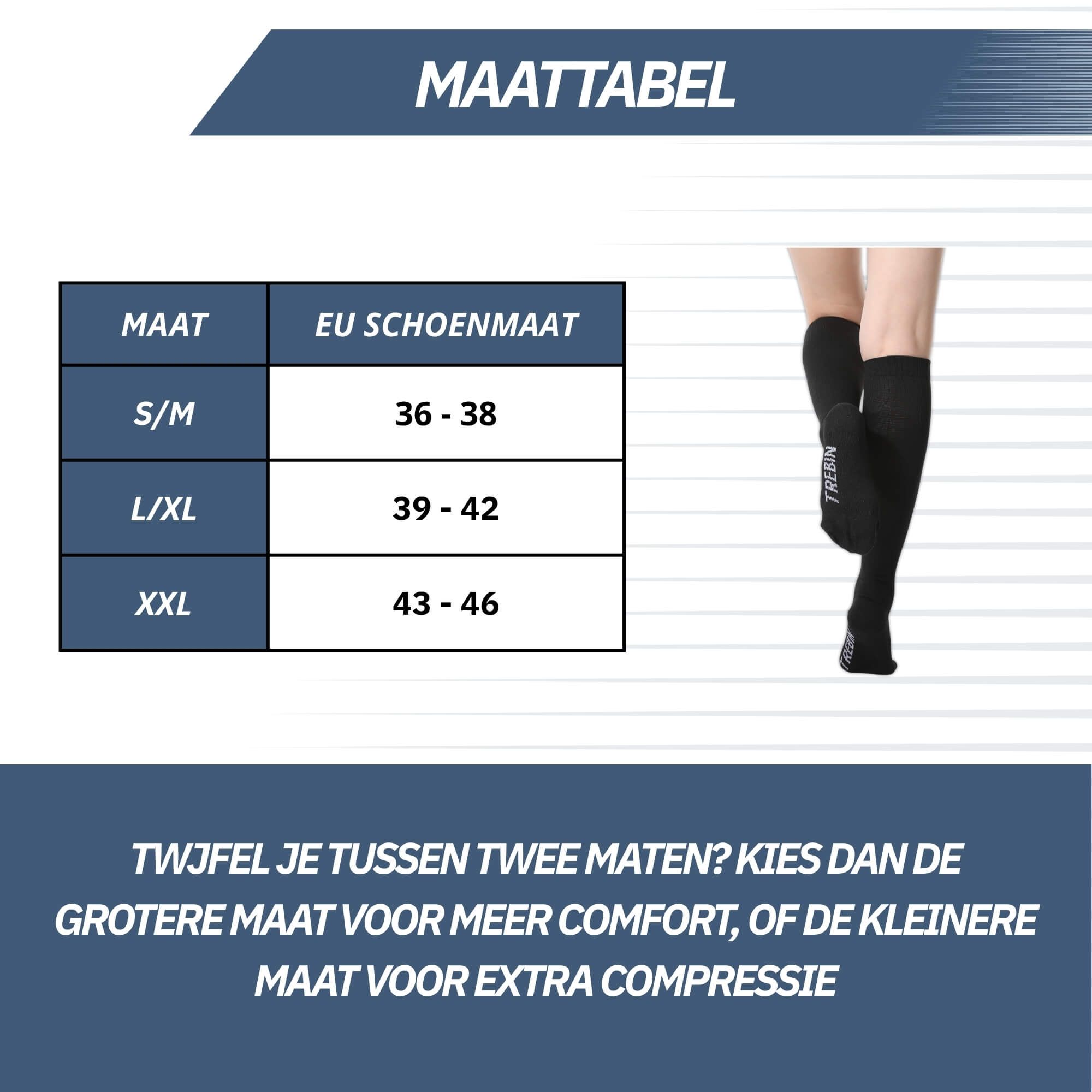Maattabel voor compressiekousen: schoenmaten en afmetingen.