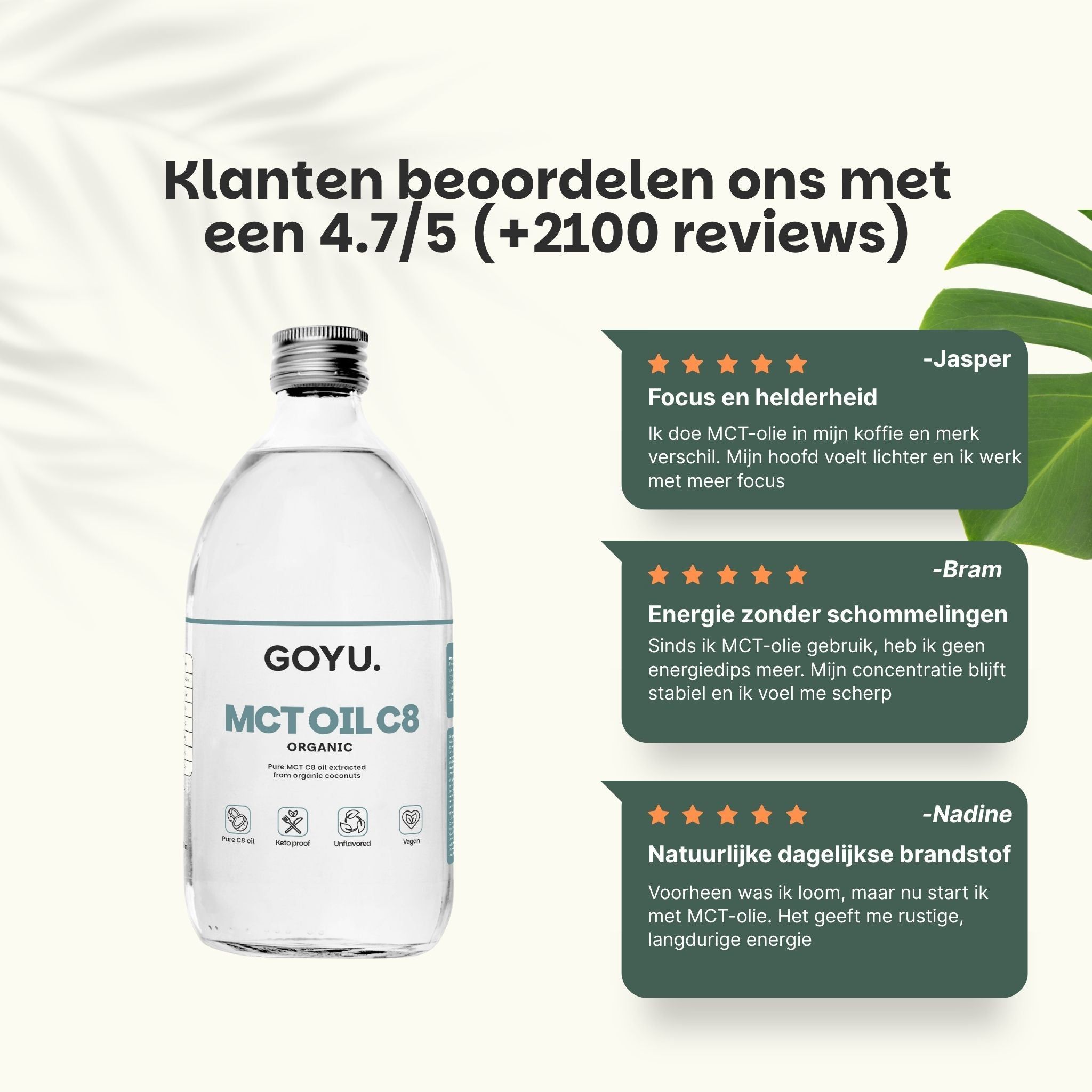 Fles MCT olie met tekst over 100% natuurlijke ingrediënten.