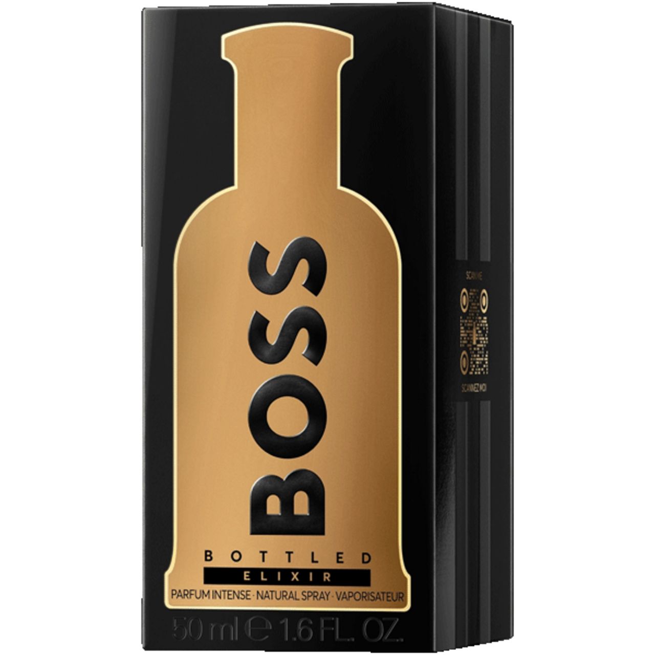 Boîte noire avec silhouette de flacon dorée et lettrage. Rayures noires verticales sur le côté.