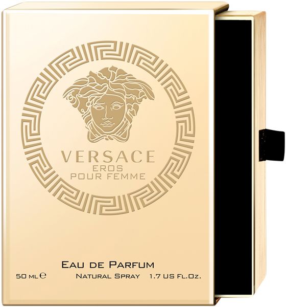 Versace Eros Pour Femme Eau de Parfum. Boîte dorée ouverte avec logo Méduse. Intérieur noir.
