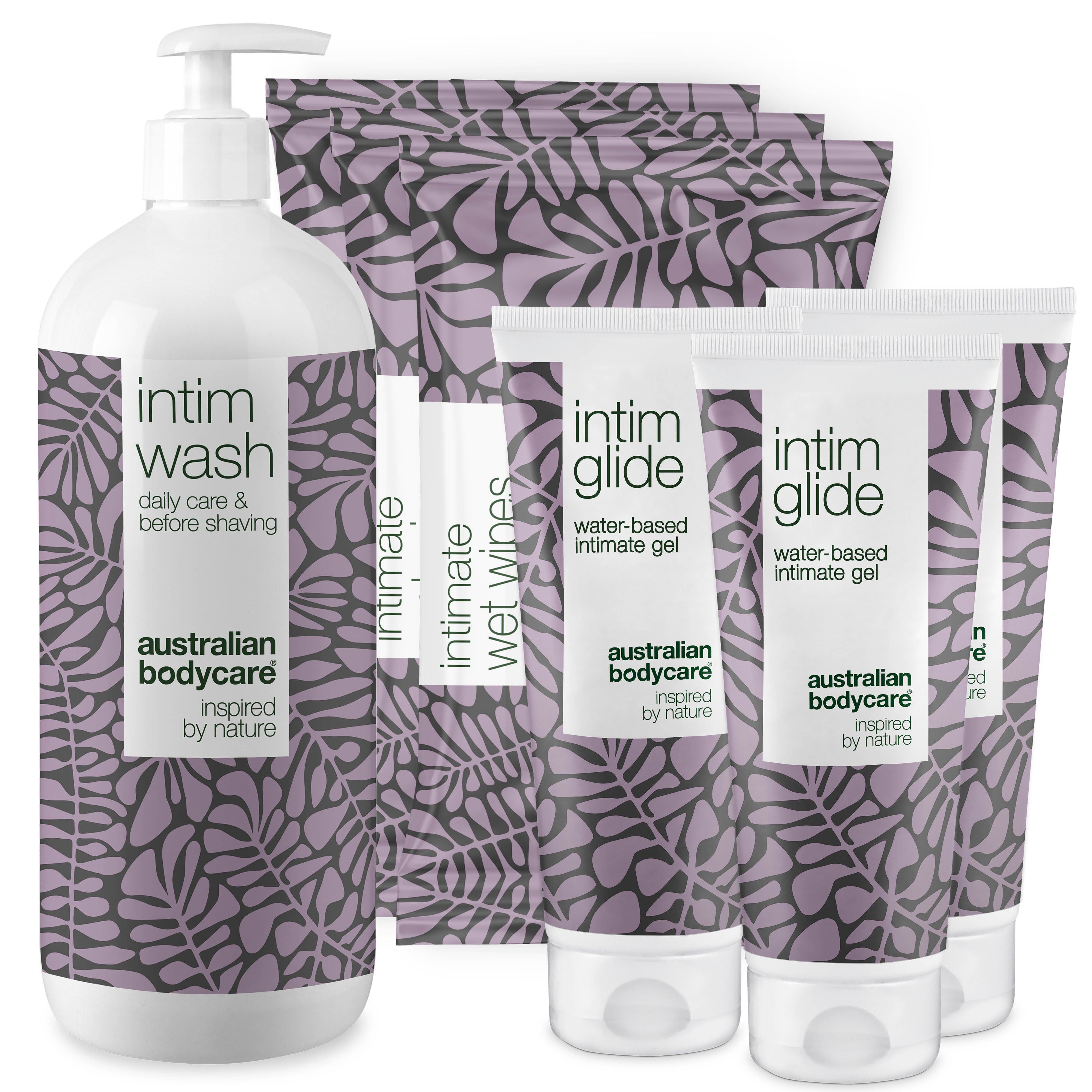 Divers produits de soins intimes. Bouteilles, tubes et lingettes humides avec motif floral. Marque : Australian Bodycare.