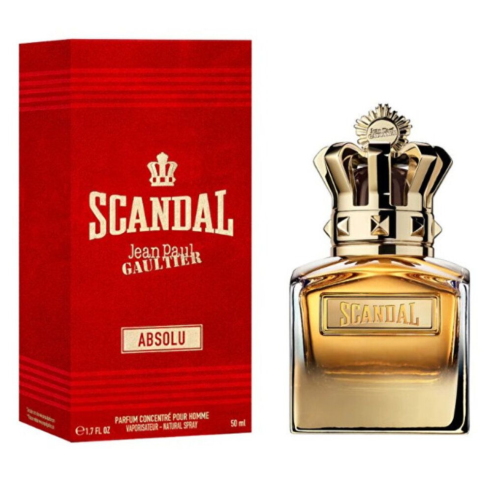 Parfumfles en rode verpakking. Fles met gouden kroon en opschrift "SCANDAL". Verpakking met "SCANDAL" en "ABSOLU".