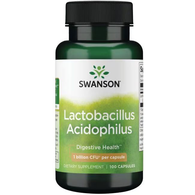 Flacon vert avec bouchon noir. Inscription: SWANSON Lactobacillus Acidophilus, 1 milliard d'UFC, 100 capsules.