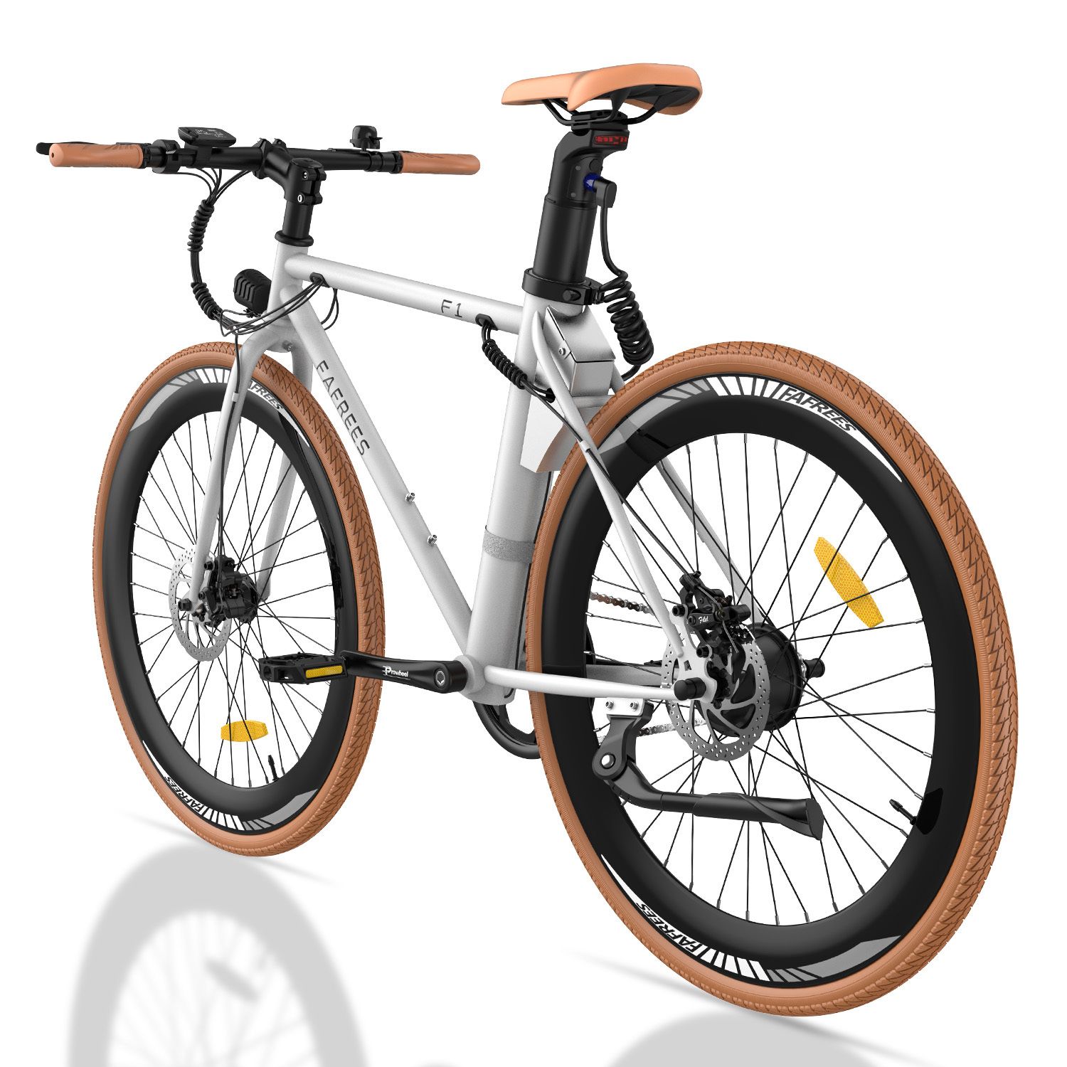Vélo électrique Fafrees F1 blanc, pneus marron, selle marron. Guidon et selle en cuir. Le vélo est équipé d'un moteur électrique.