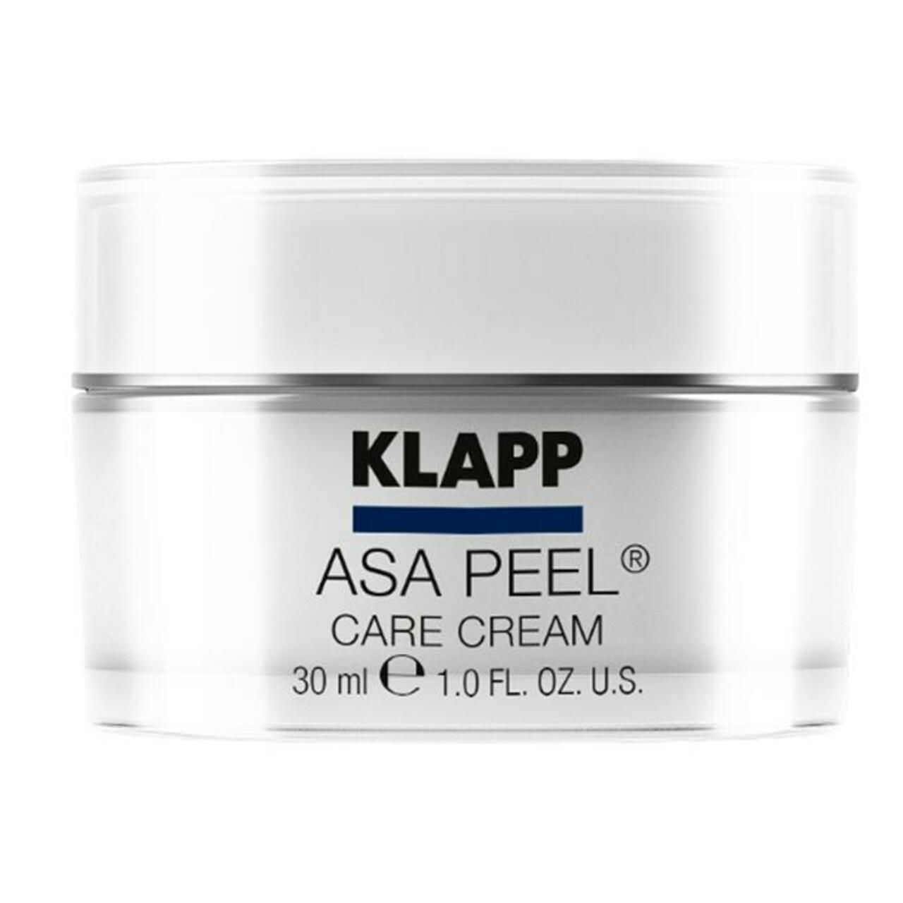 Crèmepot met witte deksel. Opschrift: KLAPP, ASA PEEL CARE CREAM, 30 ml, 1.0 FL. OZ. U.S.