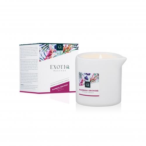 Bougie de massage blanche avec bec verseur et emballage. Inscription : Exotiq, Bamboo Orchids. Motif floral.