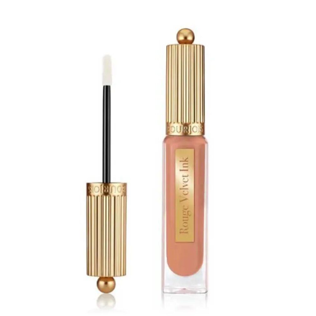 Bourjois Rouge Velvet Ink 01 Beige De Jour. Flacon et applicateur. Bouchon doré, contenu rose.