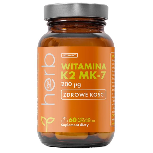 Flacon en verre brun de capsules de Vitamine K2 MK-7, 200 mcg. Contient 60 gélules végétales.