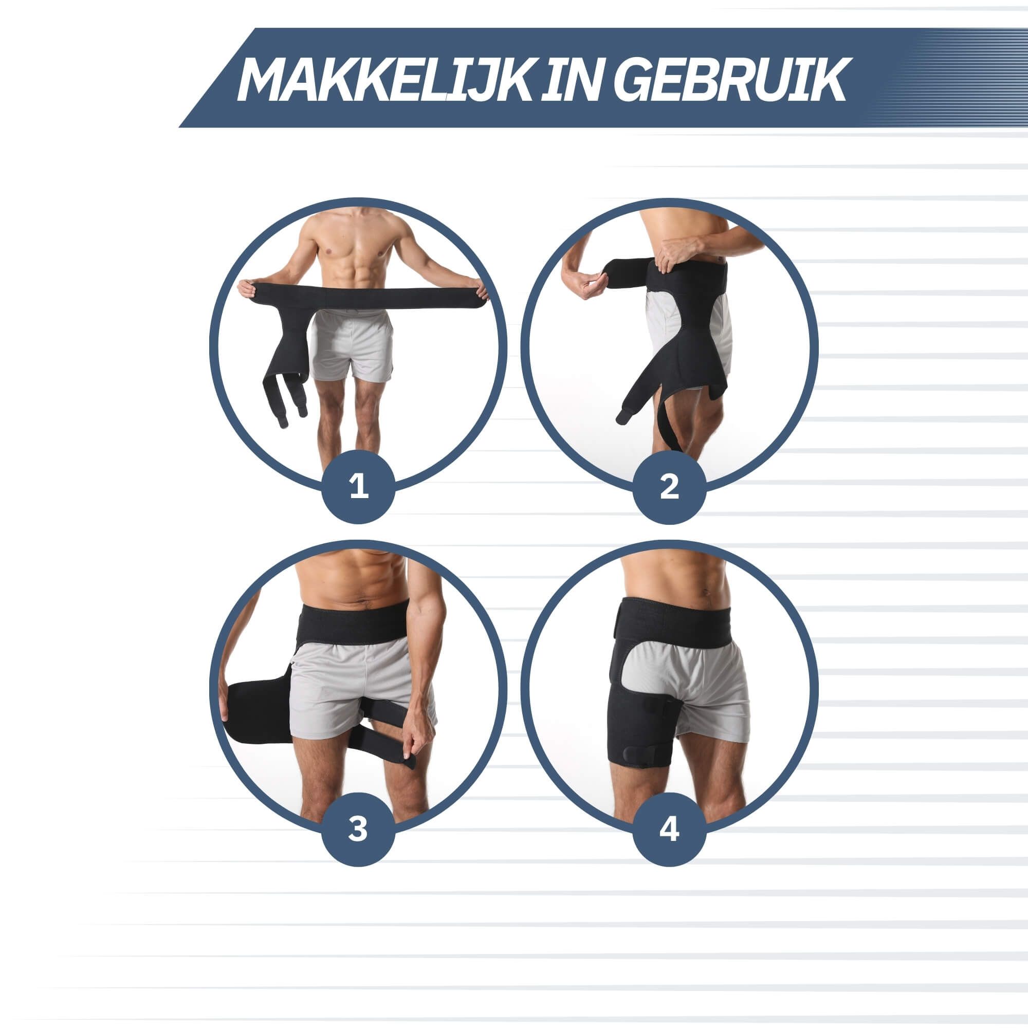 Zwarte heupbrace met klittenbandsluiting, gedragen rond dij en heup.