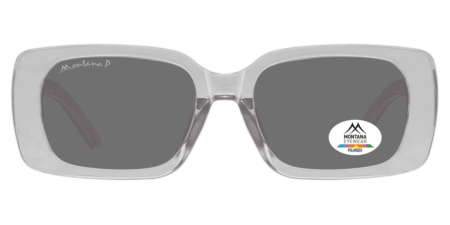 Lunettes de soleil avec verres gris et monture transparente. Logo Montana Eyewear sur la branche et le verre. Verres polarisés.