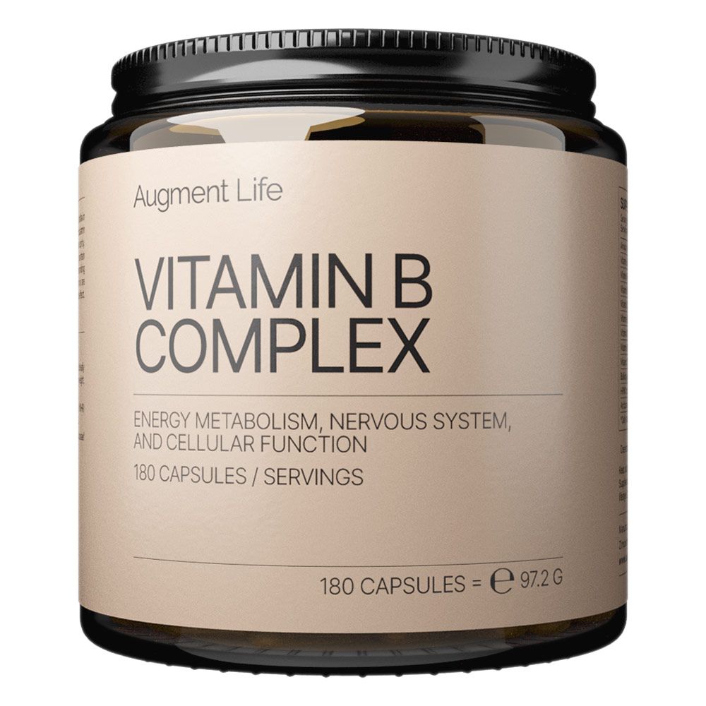 Augment Life Vitamine B Complexe dans un pot brun avec couvercle noir. Contient 180 gélules.