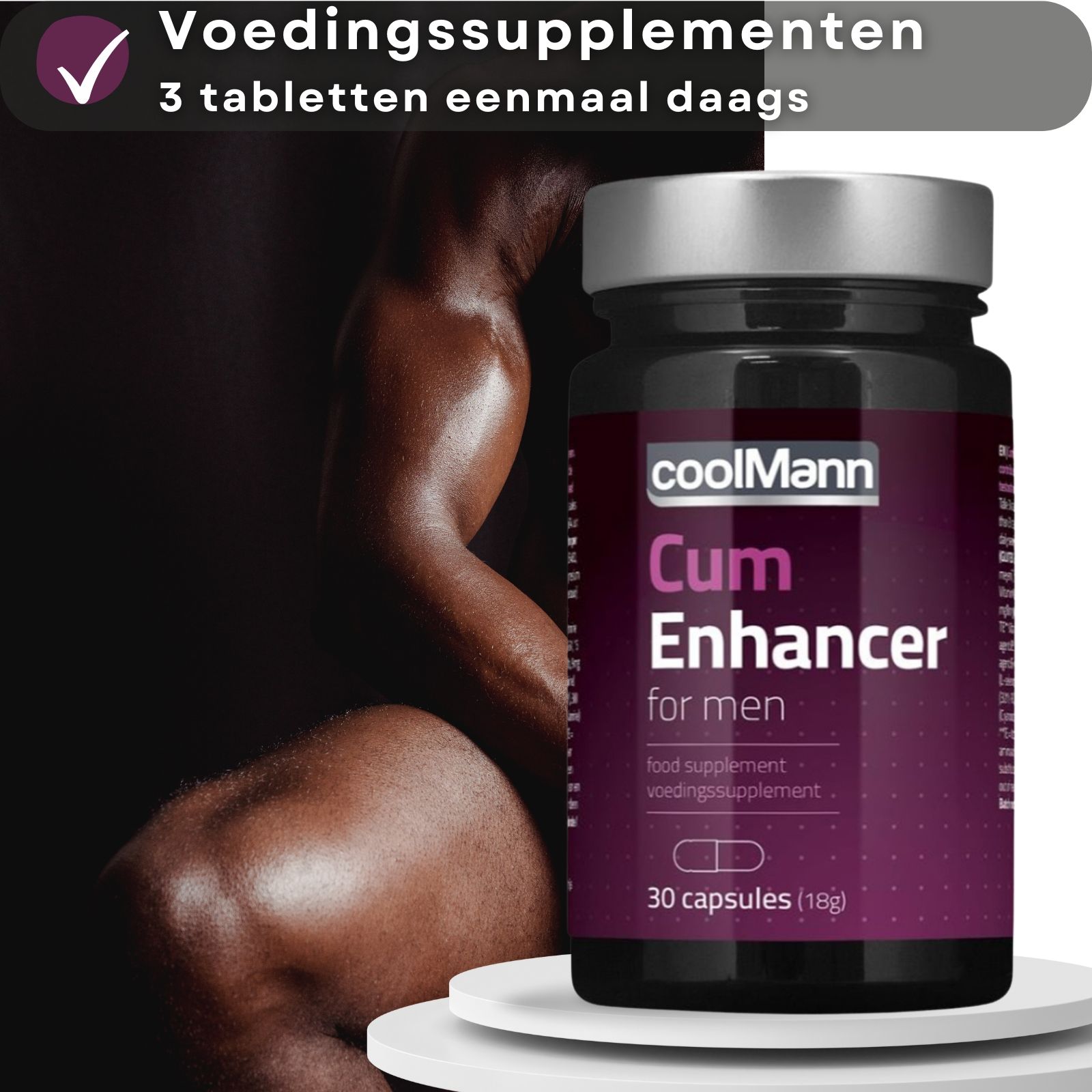 Productfles en verpakking. Tekst: "coolMann Cum Enhancer for men". Een capsule in de hand. Gespierde man op de achtergrond.